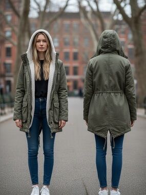 Hollister Olive Puffer Jacket with Faux Fur Hood